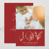 Bladbloemige kerst traditionele rode foto JOY Feestdagenkaart (Voorkant / Achterkant)