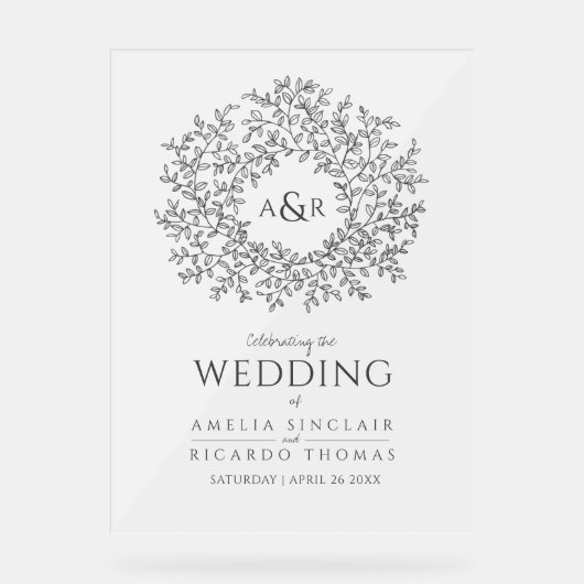 Bladcirkel lijn art bruiloft donkergrijs en wit acryl bord (Voorkant)