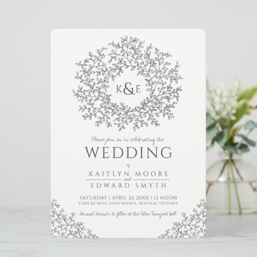 Bladcirkel lijn art bruiloft donkergrijs en wit kaart (Staand voorkant)