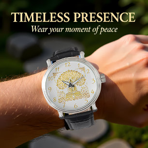 Bladerachtige achtergrond voor Golden Buddha Horloge