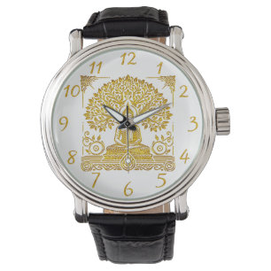 Bladerachtige achtergrond voor Golden Buddha Horloge