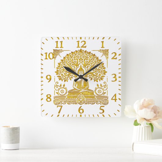 Bladerachtige achtergrond voor Golden Buddha Vierkante Klok (Huis)