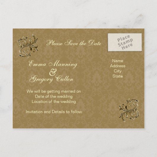 Bladerachtige gouden wervelingen Save the Date Aankondigingskaart (Achterkant)