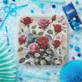 Bladerachtige lange stengel rode en roze rozen papieren bordje (Feest)