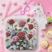 Bladerachtige lange stengel rode en roze rozen papieren bordje (Feest)