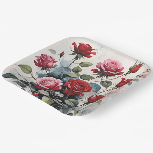 Bladerachtige lange stengel rode en roze rozen papieren bordje (Gebogen)