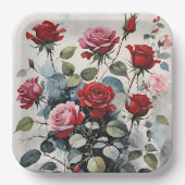 Bladerachtige lange stengel rode en roze rozen papieren bordje (Voorkant)