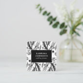 bladeren bloemen poka - stippen zwart wit vierkante visitekaartje (Staand voorkant)