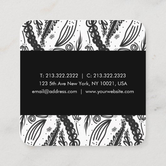 bladeren bloemen poka - stippen zwart wit vierkante visitekaartje (Achterkant)