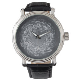 bladeren cirkel grijzige zilveren tinten horloge