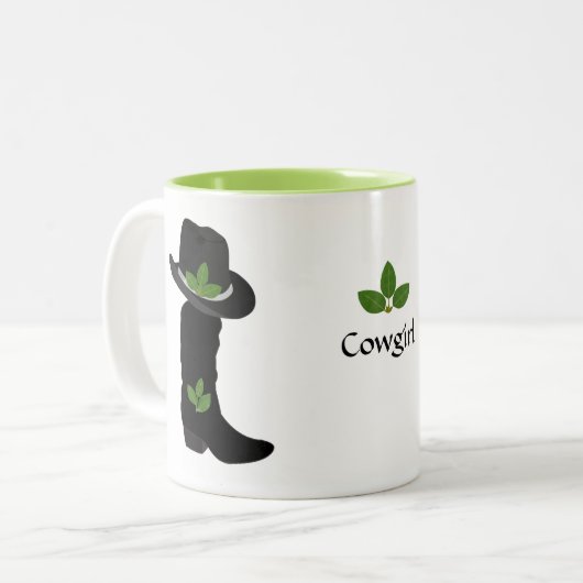 Bladeren, Cowgirl, zwart Pet en laars Tweekleurige Koffiemok (Voorkant links)