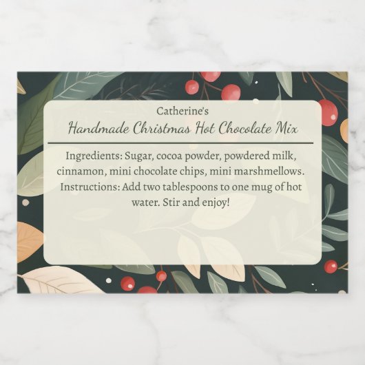 Bladeren en Bessen Kerst Warme Chocolademix Voedselcontainer Etiket (Enkel label)