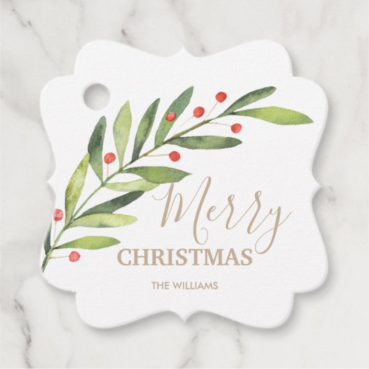 Bladeren en bessen op Merry Christmas Bracket Bedankjes Labels (Voorkant)