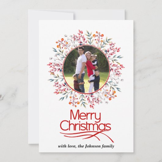 Bladeren en bessen rood Vrolijk kerstfeest foto Feestdagenkaart (Voorkant)