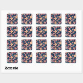 Bladeren en bloemen Patroon Blauw Vierkante Sticker (Vel)