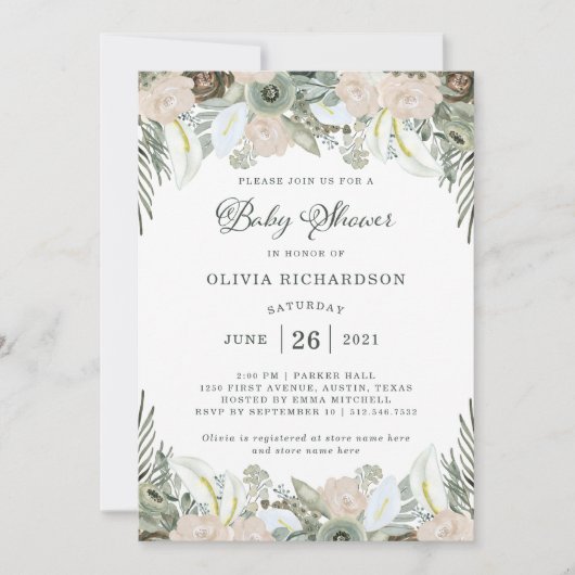 Bladeren en bloemen | Sage Green Baby shower Kaart (Voorkant)
