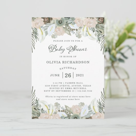 Bladeren en bloemen | Sage Green Baby shower Kaart (Staand voorkant)