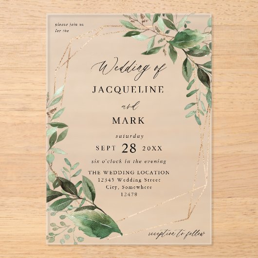Bladeren en Eucalyptus Gold Weddenschap Acryl Uitnodigingen (Voorkant)