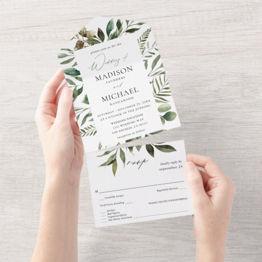 Bladeren en Eucalyptus Rustic Wedding All In One Uitnodiging (Afscheurbaar)