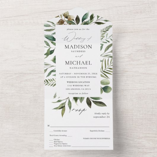 Bladeren en Eucalyptus Rustic Wedding All In One Uitnodiging (Binnen)