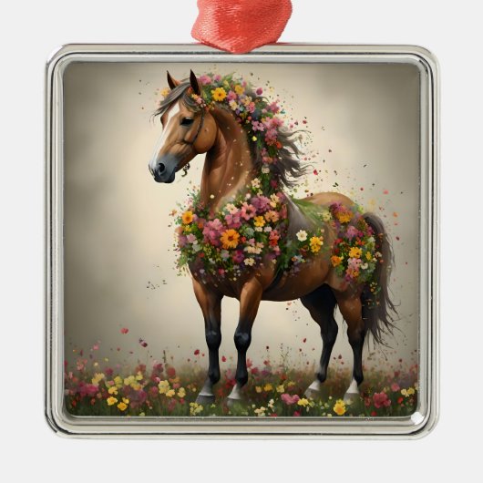 Bladeren en hoeven: Brown Horse Fantasy Garden, Metalen Ornament (Voorkant)
