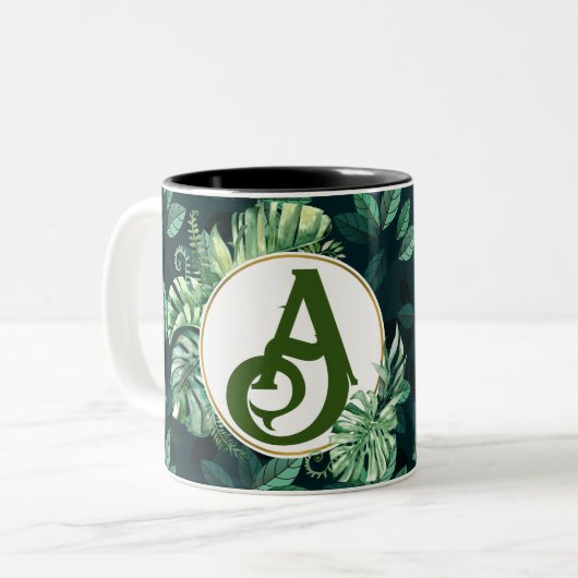 Bladeren en initiaal gepersonaliseerd voor plant l tweekleurige koffiemok (Voorkant links)