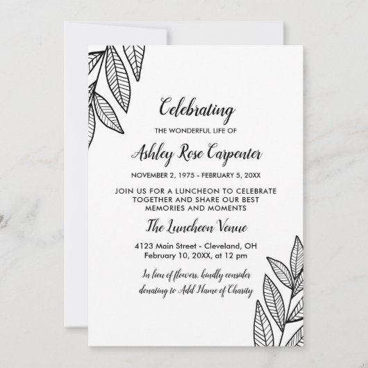 Bladeren en kalligrafie Herdenking van het leven Kaart (Voorkant)