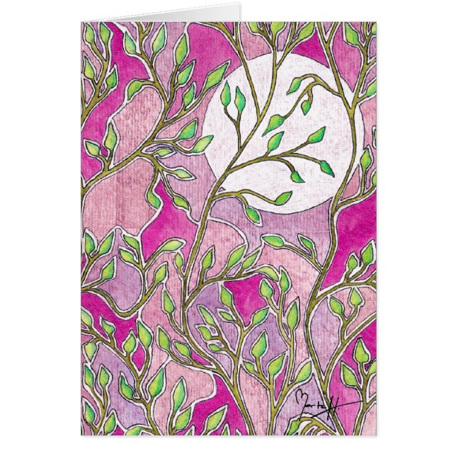 Bladeren en maan - Roze Waterverven (Voorkant)