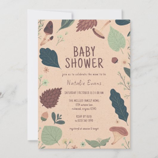 Bladeren en paddenstoelen | Rustisch Baby shower v Kaart (Voorkant)
