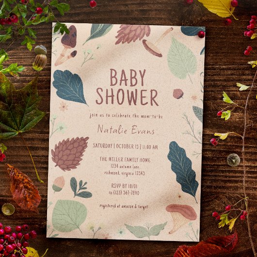 Bladeren en paddenstoelen | Rustisch Baby shower v Kaart