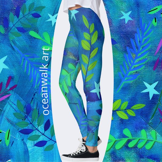 bladeren en takken op blauw leggings