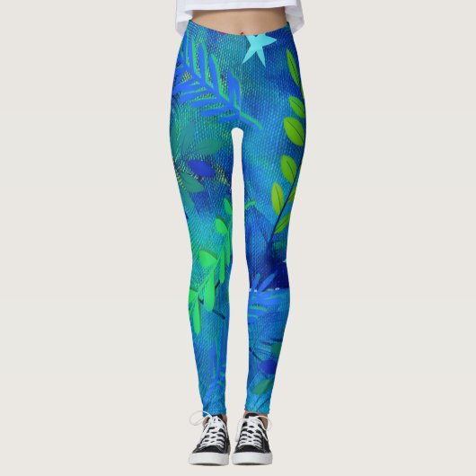 bladeren en takken op blauw leggings (Voorkant)