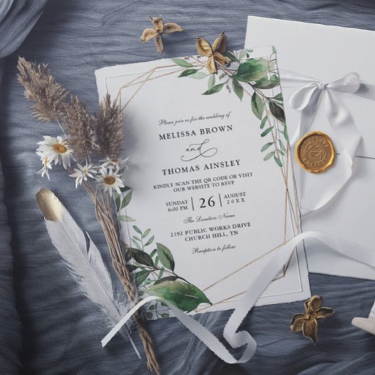 Bladeren Eucalyptus Goud Budget QR Code Trouwen Kaart