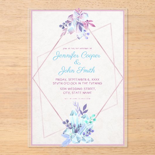 Bladeren & Gem Diamond Geometrische moderne bruilo Acryl Uitnodigingen (Voorkant)