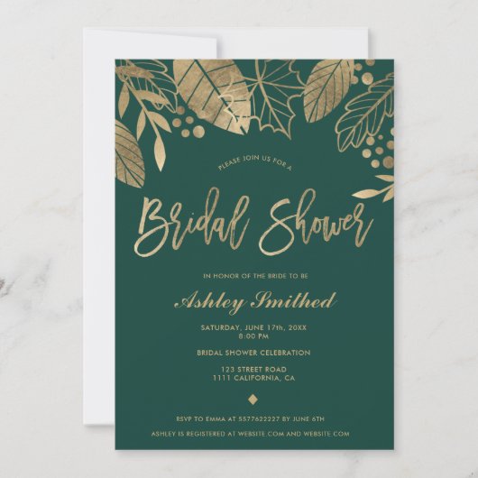 Bladeren goud smaragdgroen modern vrijgezellenfees kaart (Voorkant)