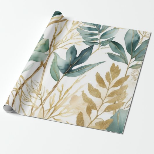 Bladeren Gouden Lijn Cadeaupapier (Uitgerold)