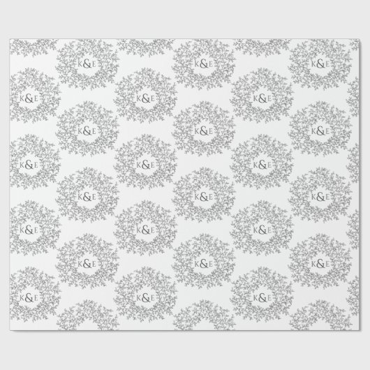 Bladeren monogram kunsttekening donkergrijs op wit cadeaupapier (Vlak)