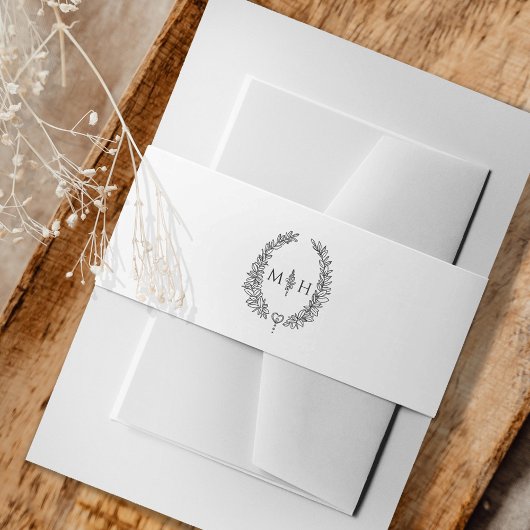 Bladeren monogram kunsttekening donkergrijs op wit uitnodigingen wikkel