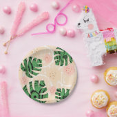 bladeren, monsters, roze, groen, tropisch, palm papieren bordje (Feest)