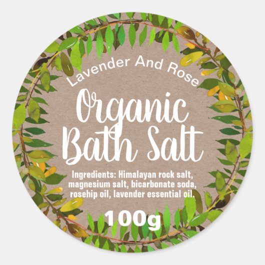 bladeren op kraft Organic Bath Salt Labels (Voorkant)