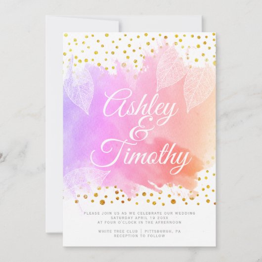 Bladeren op roze waterverf kalligrafie bruiloft kaart (Voorkant)