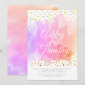 Bladeren op roze waterverf kalligrafie bruiloft kaart (Voorkant / Achterkant)