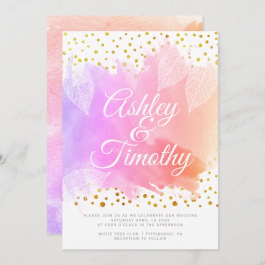 Bladeren op roze waterverf kalligrafie bruiloft kaart (Voorkant / Achterkant)