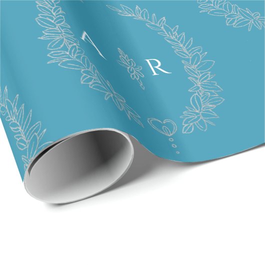 Bladeren ovaal monogram zilver op blauwgroen aqua cadeaupapier (Rol Hoek)