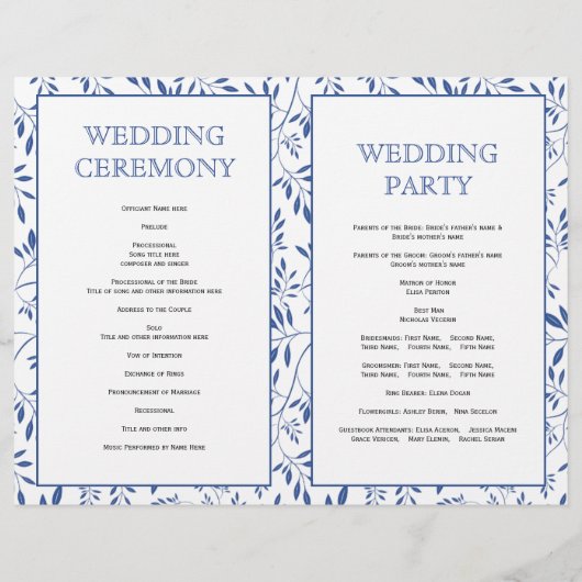 Bladeren patroon, indigoblauw gevouwen trouwprogra (Achterkant)