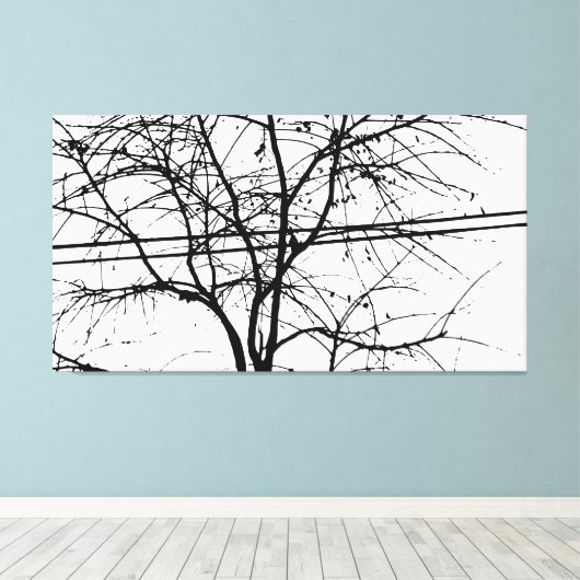 Bladeren, takken en hoogspanningsleidingen in de H Canvas Afdruk (Insitu (Houten vloer))