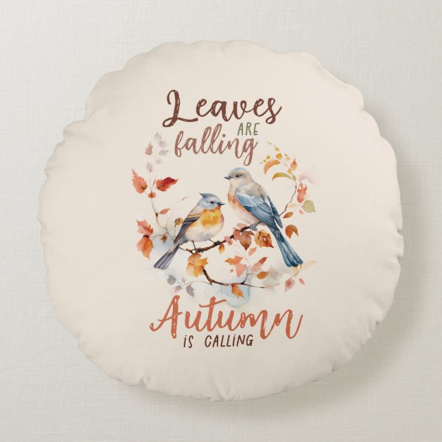 Bladeren vallen - grillige Herfst Birds & Foliage Rond Kussen (Voorkant)