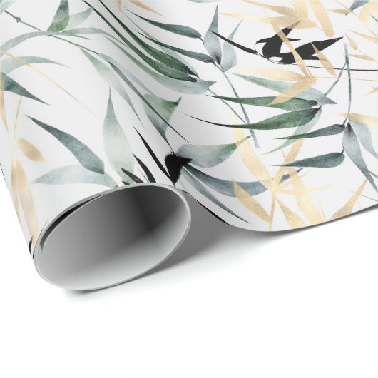Bladeren van kunstgroen en geel bamboe cadeaupapier (Rol Hoek)