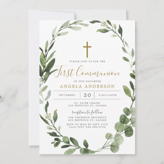 Bladergroen eerste communie uitnodiging (Voorkant)