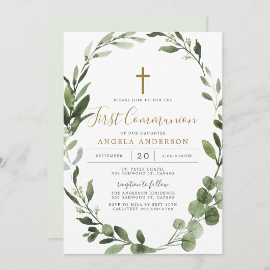 Bladergroen eerste communie uitnodiging (Voorkant / Achterkant)